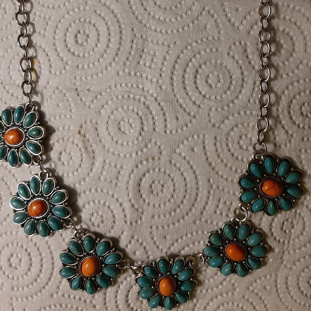 Genuine turquoise blue and orange.